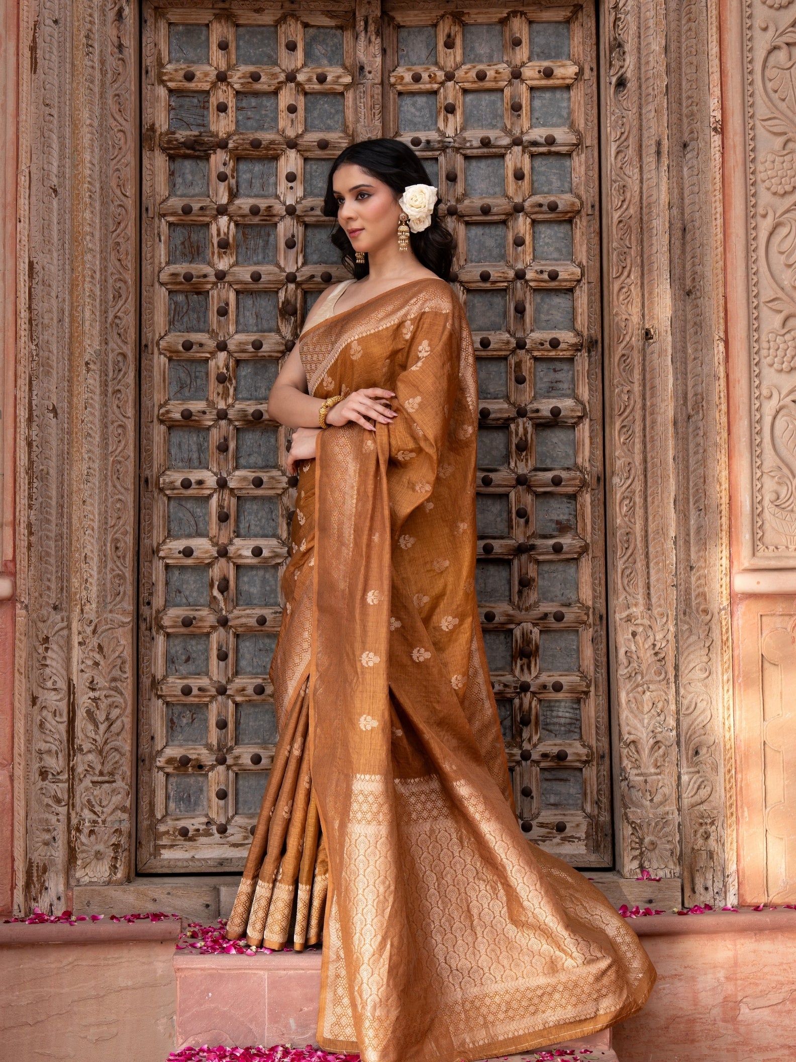 Coffee Pure Katan Silk Banarasi Handloom Saree