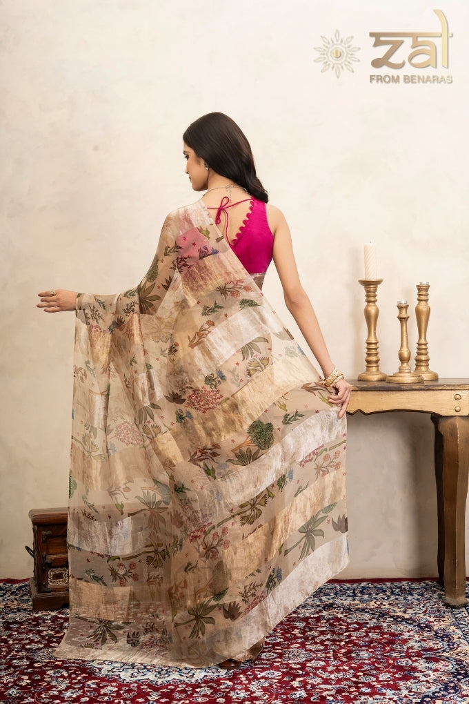 Beige Pure Organza Silk Banarasi Handloom Digital Print Saree