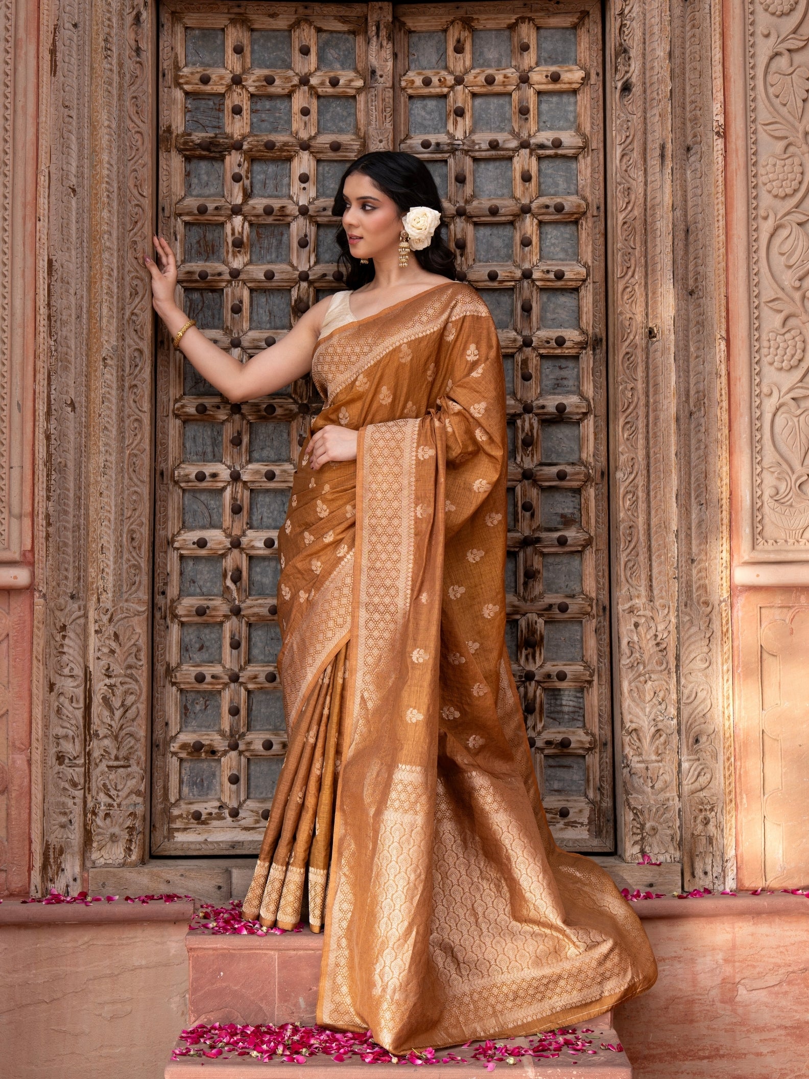 Coffee Pure Katan Silk Banarasi Handloom Saree