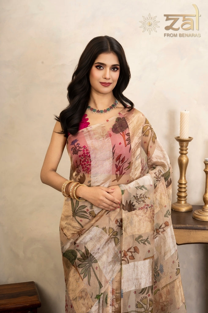 Beige Pure Organza Silk Banarasi Handloom Digital Print Saree