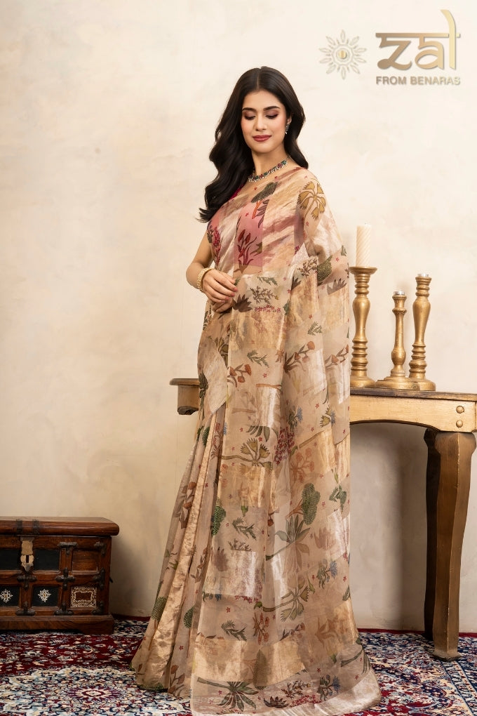 Beige Pure Organza Silk Banarasi Handloom Digital Print Saree