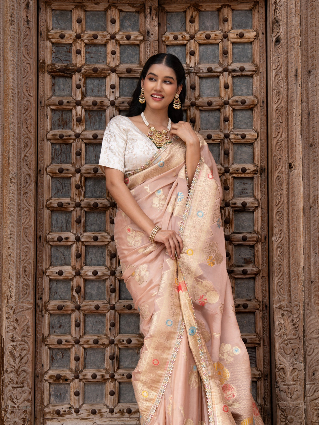 Onion Pink Pure Chiffon Banrasi Silk Handloom Saree