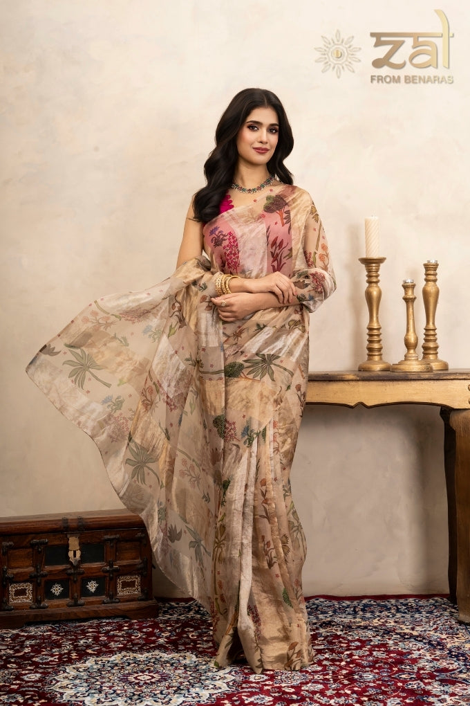 Beige Pure Organza Silk Banarasi Handloom Digital Print Saree