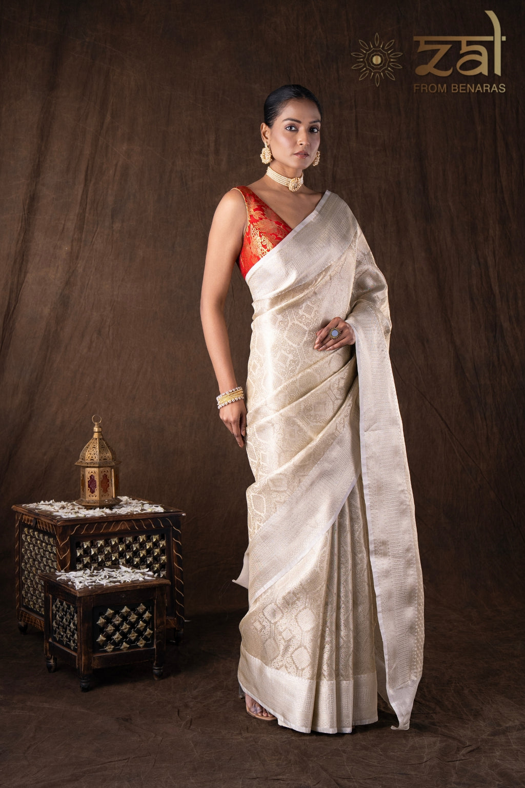 White Pure Katan Silk Brocade Banarasi Handloom Saree