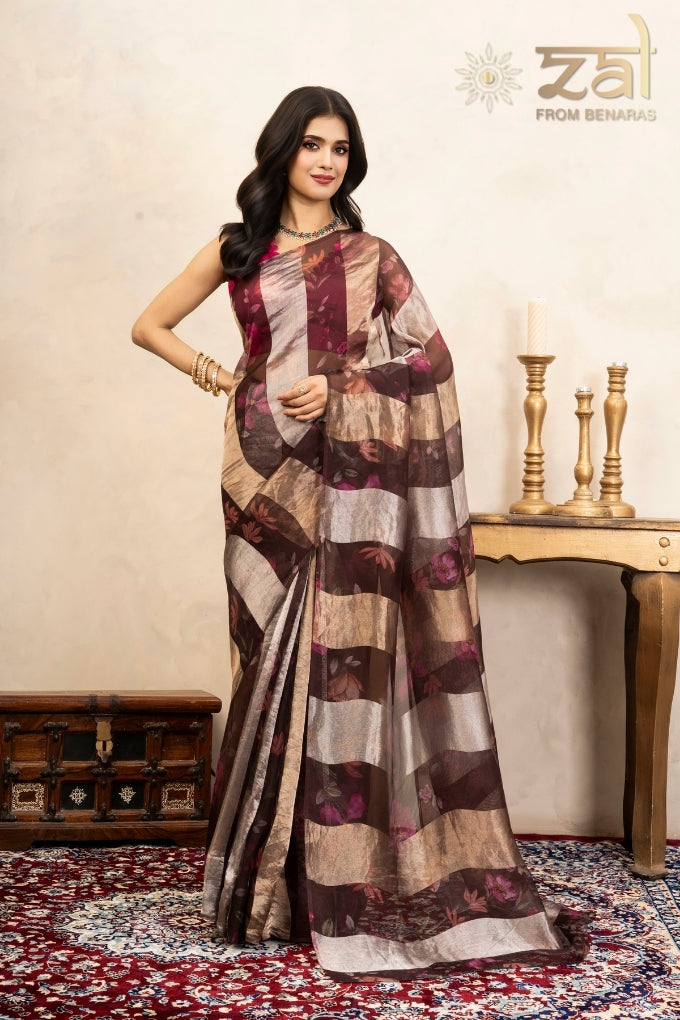 Coffee Pure Organza Silk Digital Print Handloom Saree