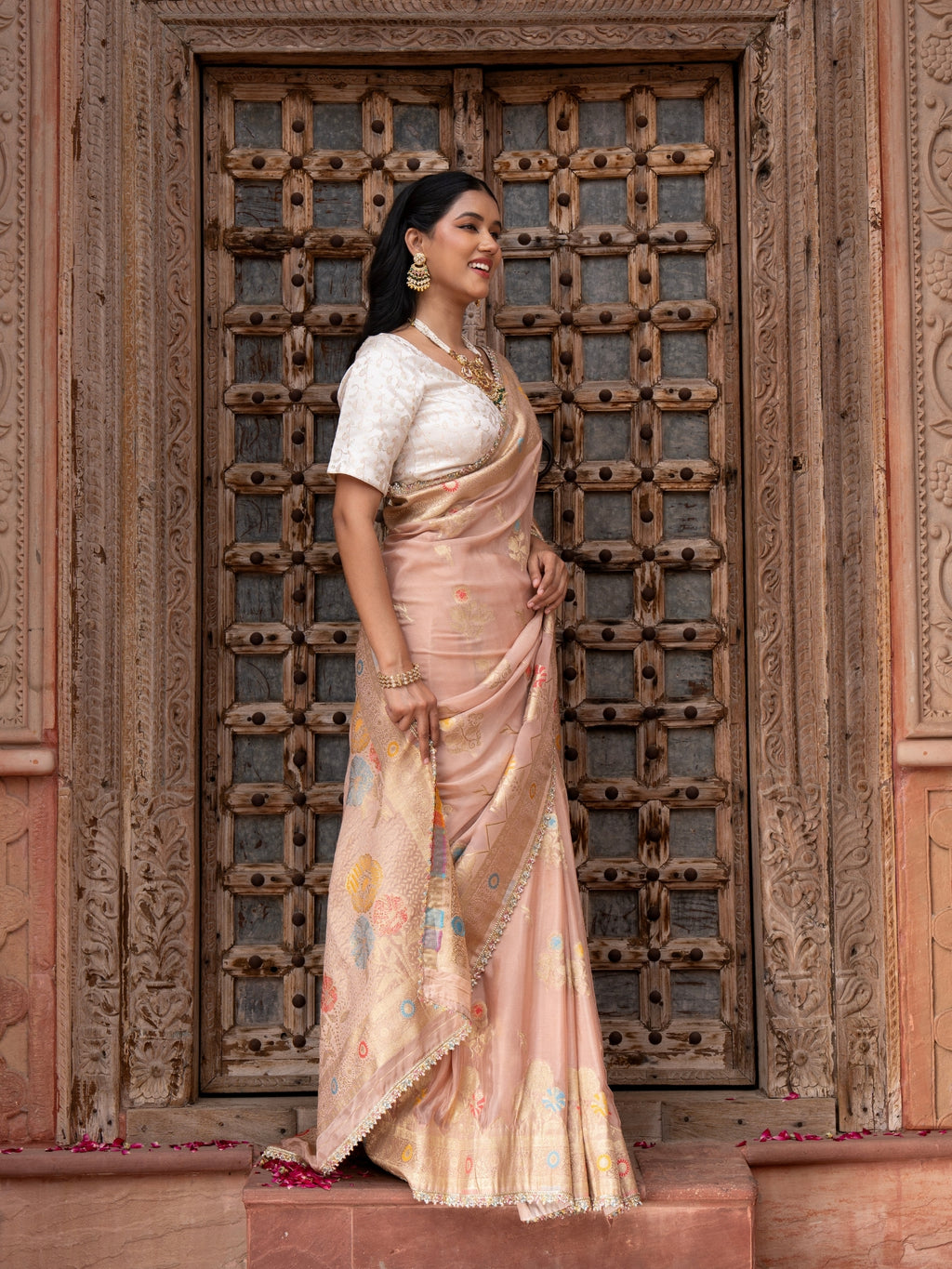 Onion Pink Pure Chiffon Banrasi Silk Handloom Saree