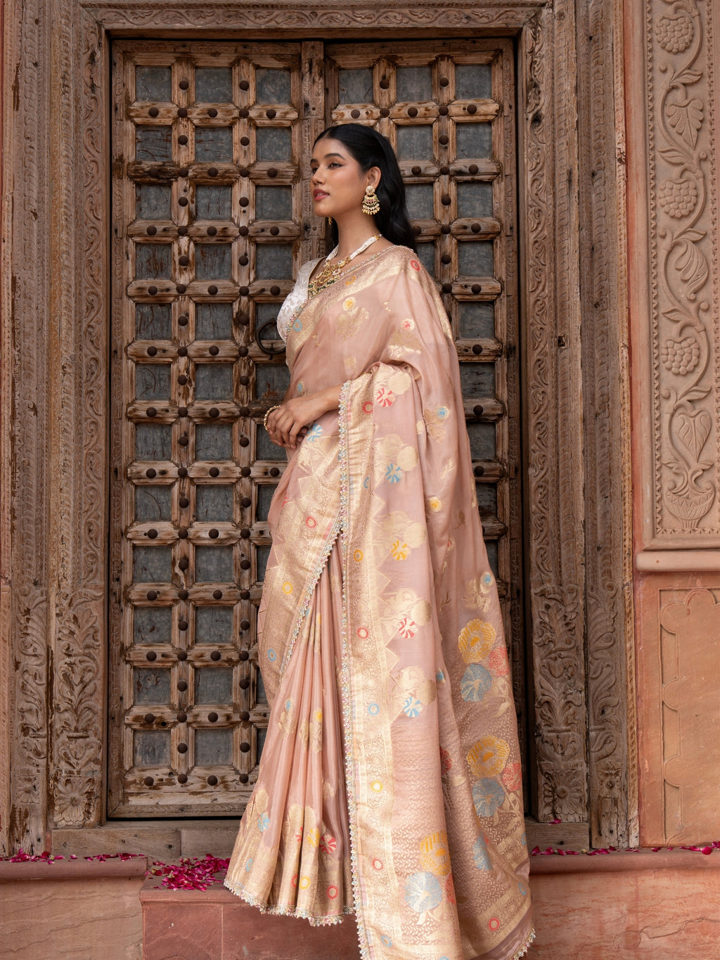 Onion Pink Pure Chiffon Banrasi Silk Handloom Saree