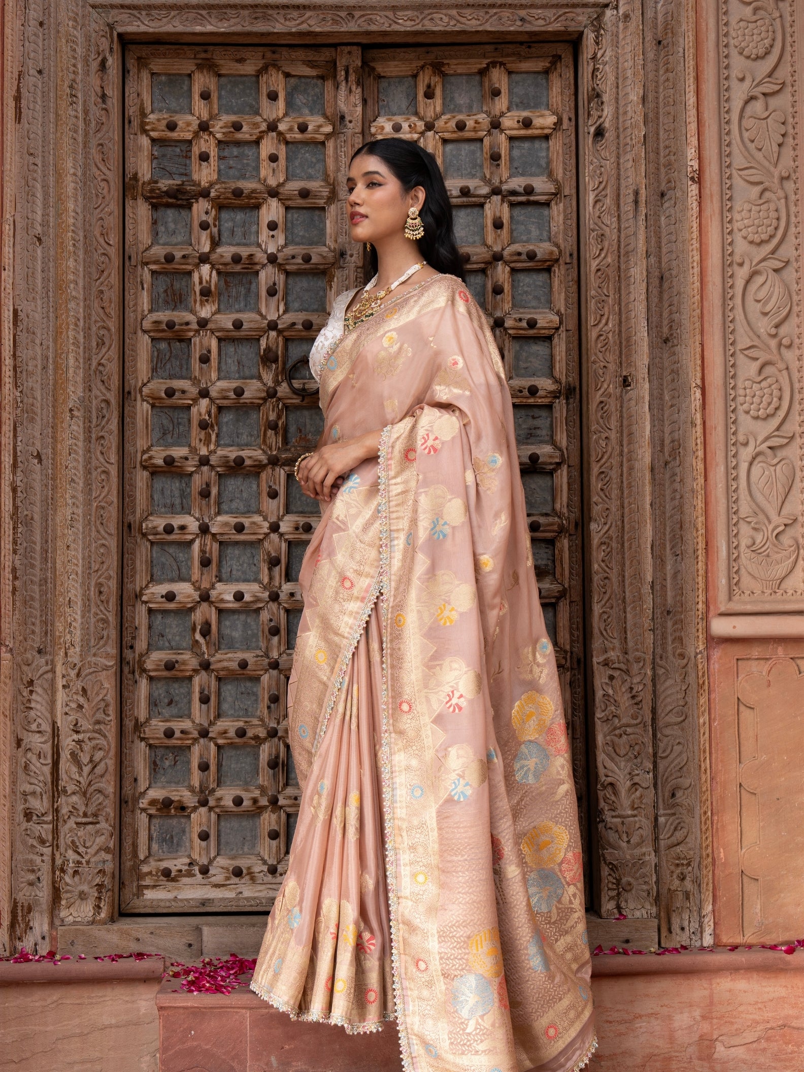 Onion Pink Pure Chiffon Banrasi Silk Handloom Saree