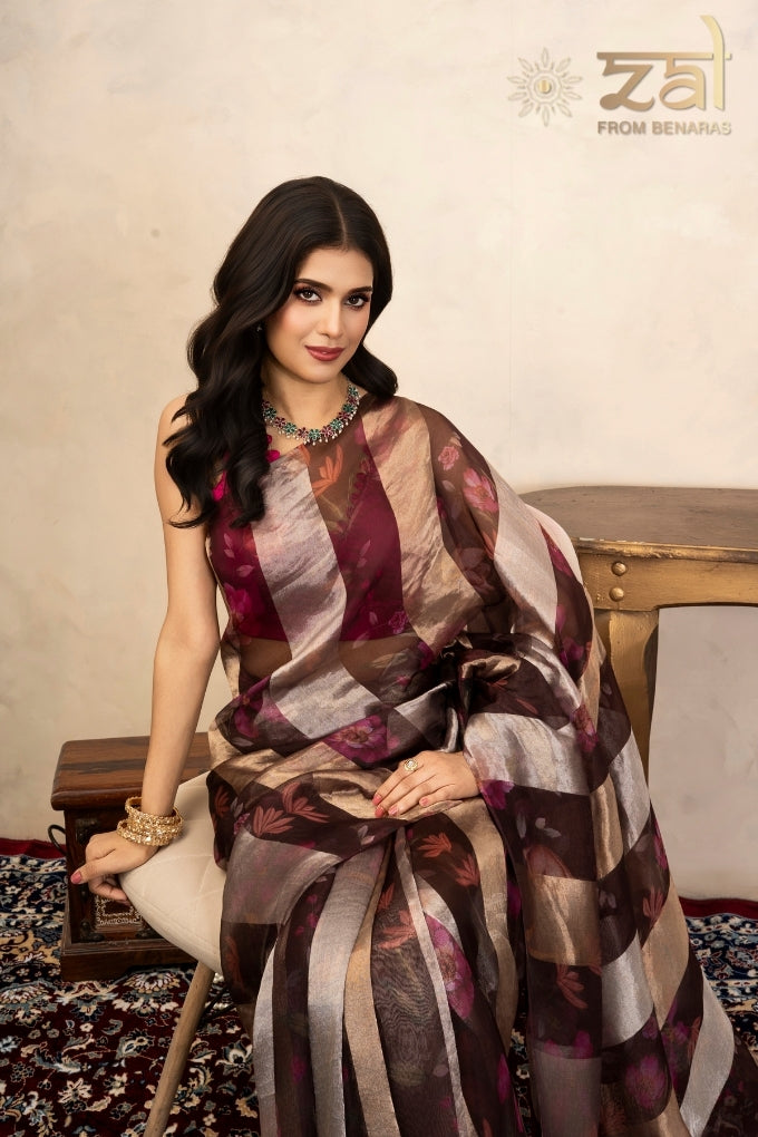 Coffee Pure Organza Silk Digital Print Handloom Saree