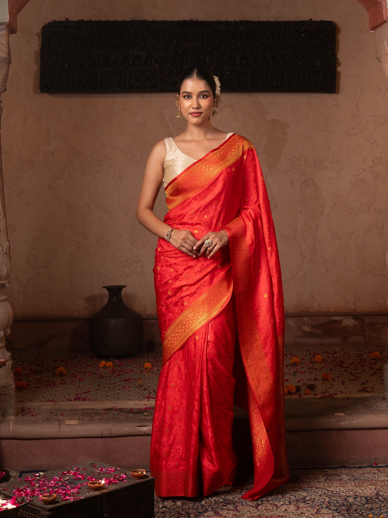 Cherry Red Pure Katan Silk Banarasi Handloom Saree