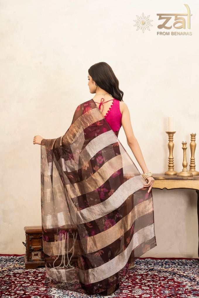 Coffee Pure Organza Silk Digital Print Handloom Saree
