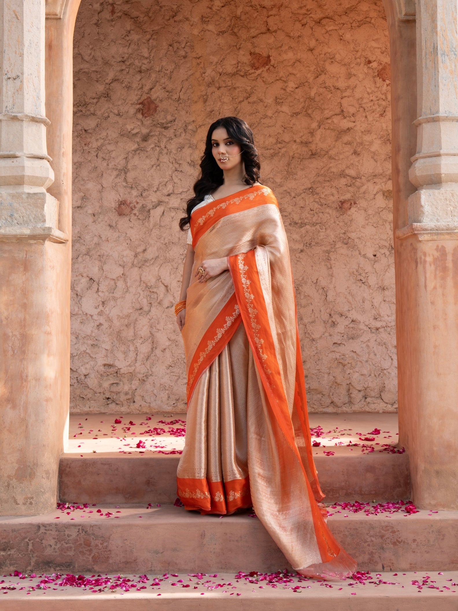Orange Pure Tissue Silk Banarasi Brocade Handloom Saree