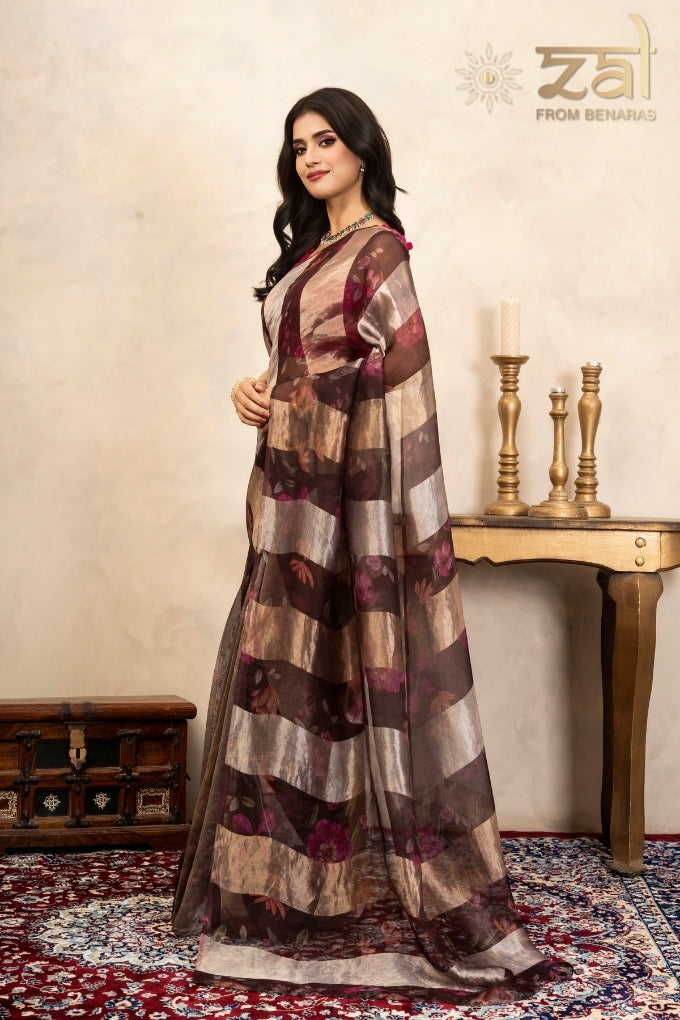 Coffee Pure Organza Silk Digital Print Handloom Saree