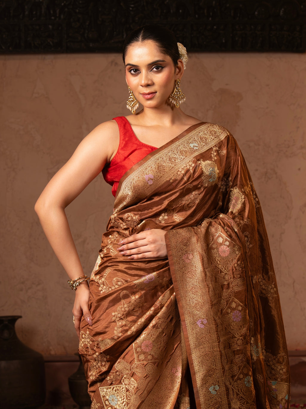 Coffee Brown Pure Katan Silk Banarasi Handloom Saree