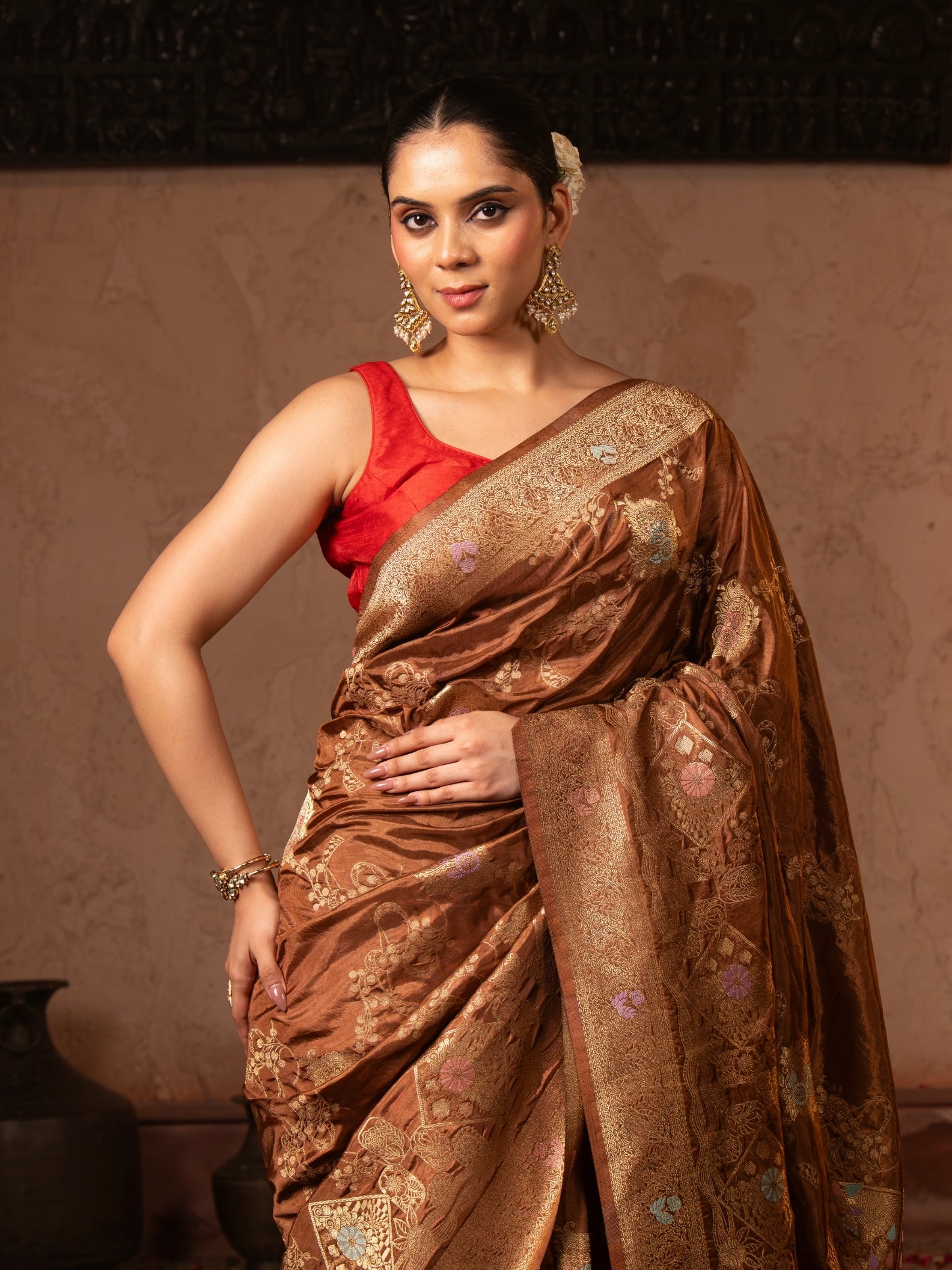 Coffee Brown Pure Katan Silk Banarasi Handloom Saree