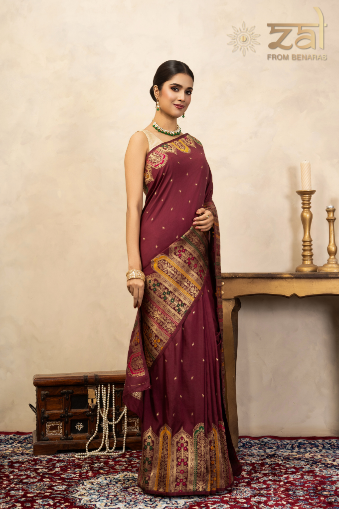 Maroon Pure Katan Silk Banarasi Handloom Saree