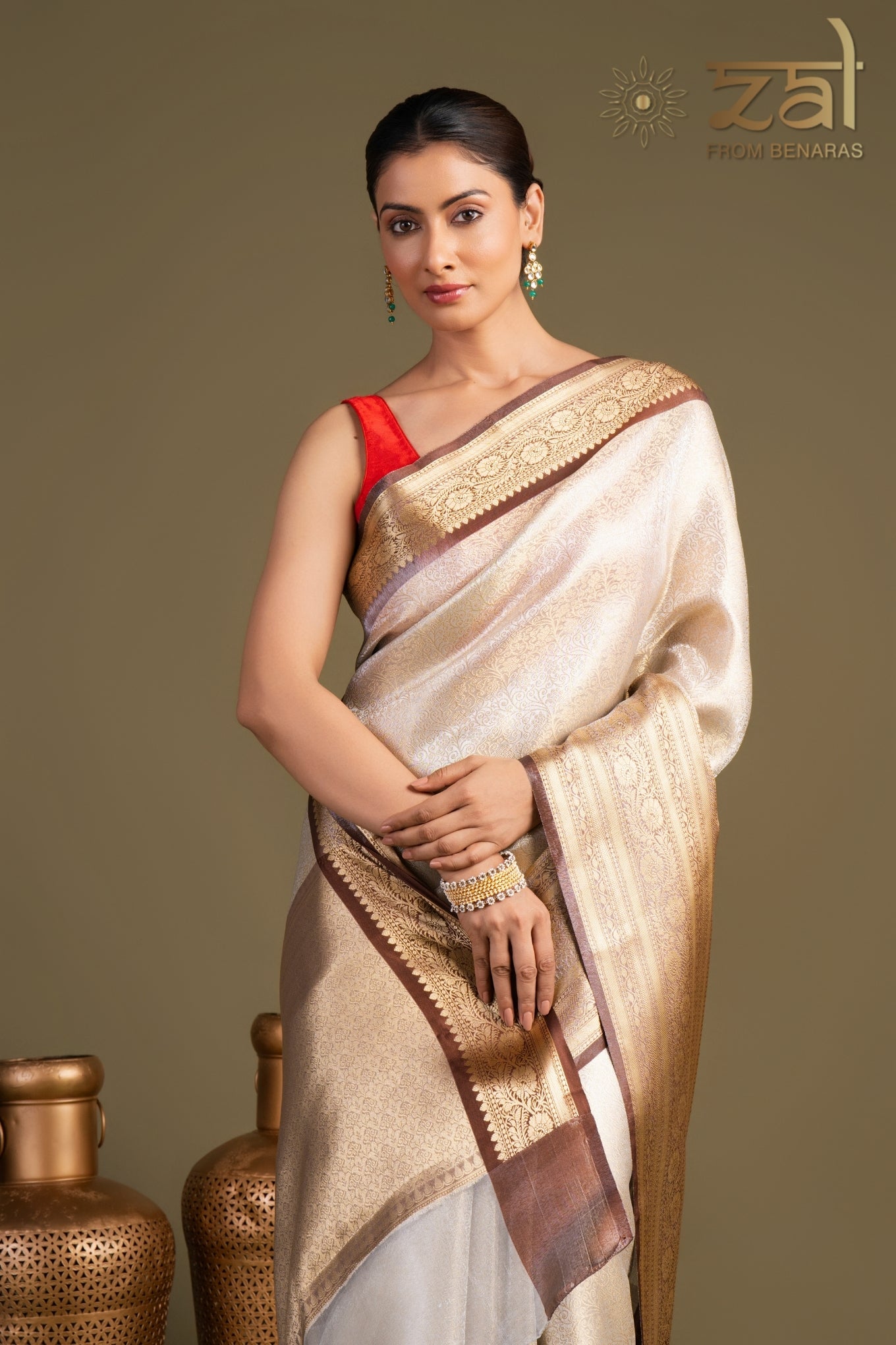 Brown Cream Pure Katan Zari Brocade Banarasi Handloom Saree