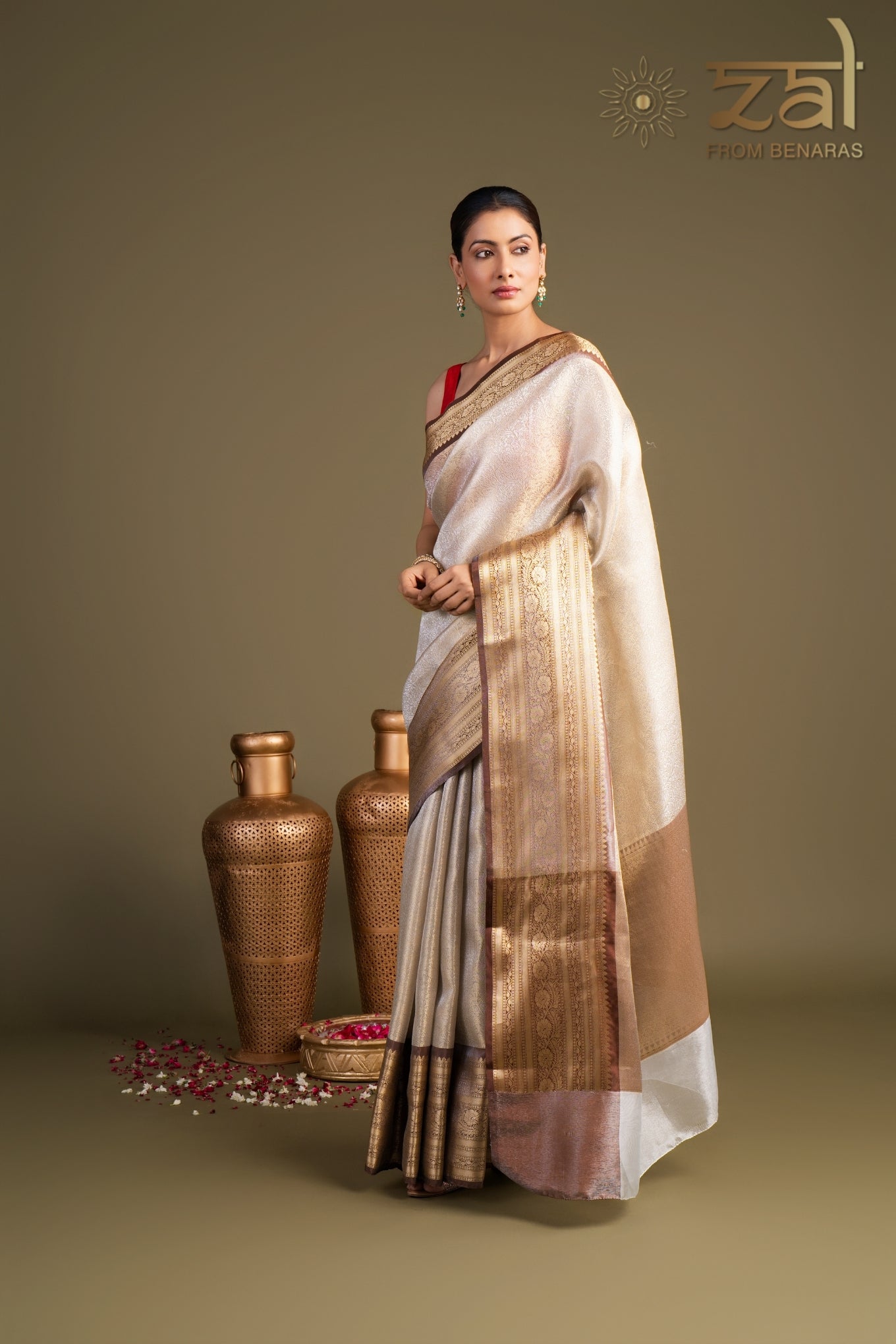 Brown Cream Pure Katan Zari Brocade Banarasi Handloom Saree