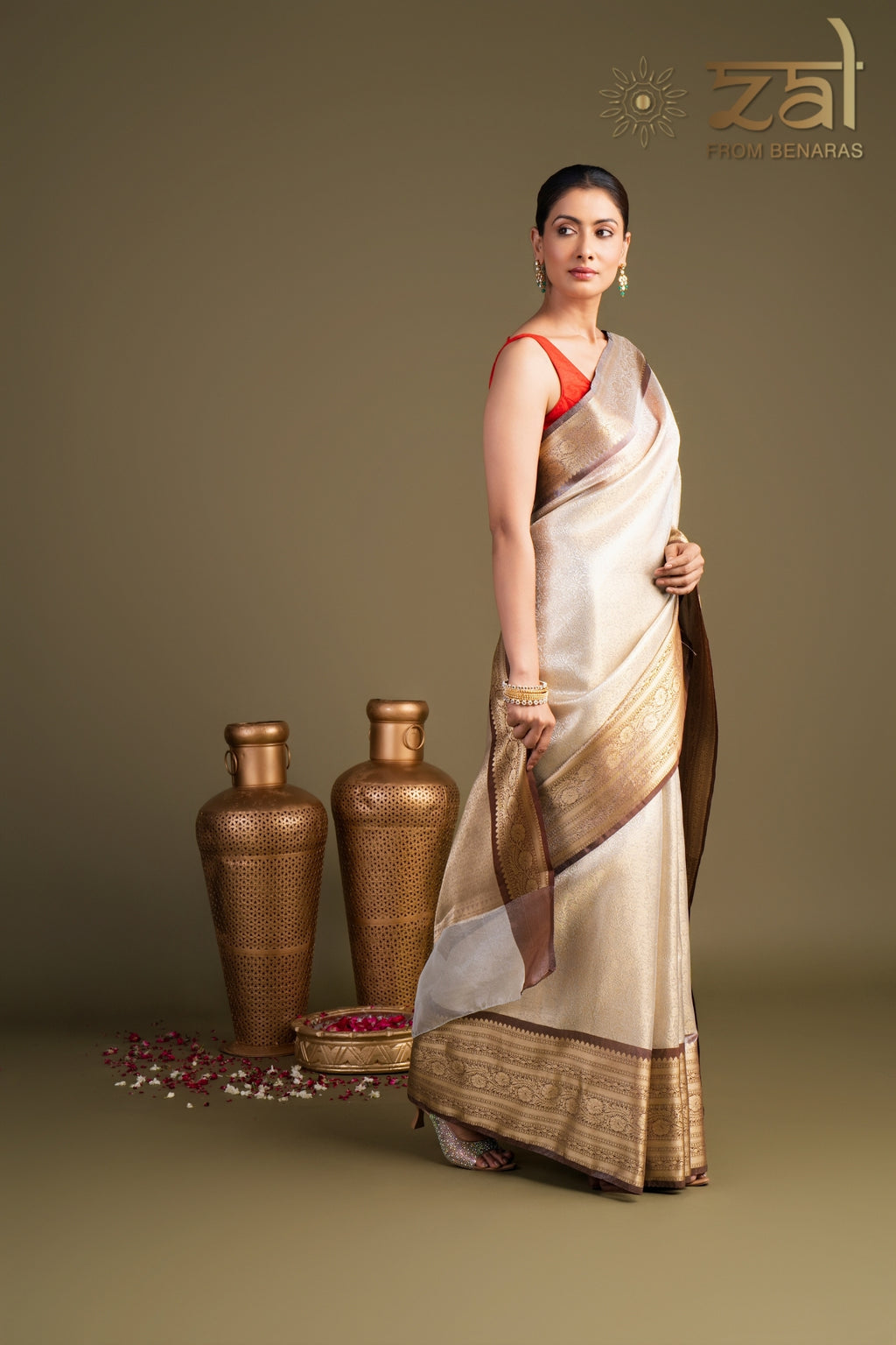 Brown Cream Pure Katan Zari Brocade Banarasi Handloom Saree
