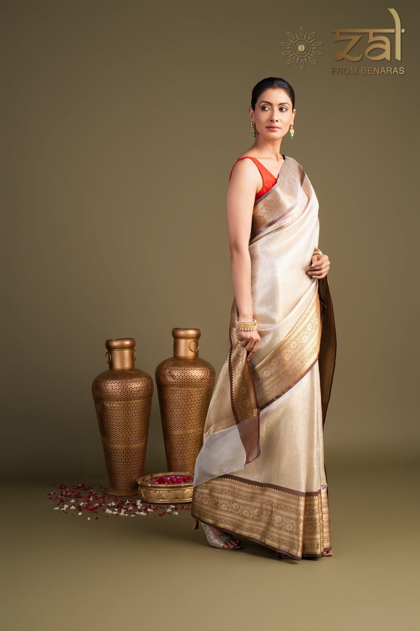 Brown Cream Pure Katan Zari Brocade Banarasi Handloom Saree