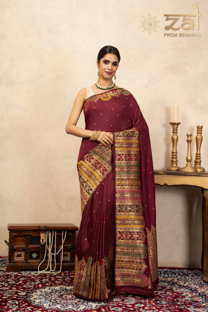 Maroon Pure Katan Silk Banarasi Handloom Saree
