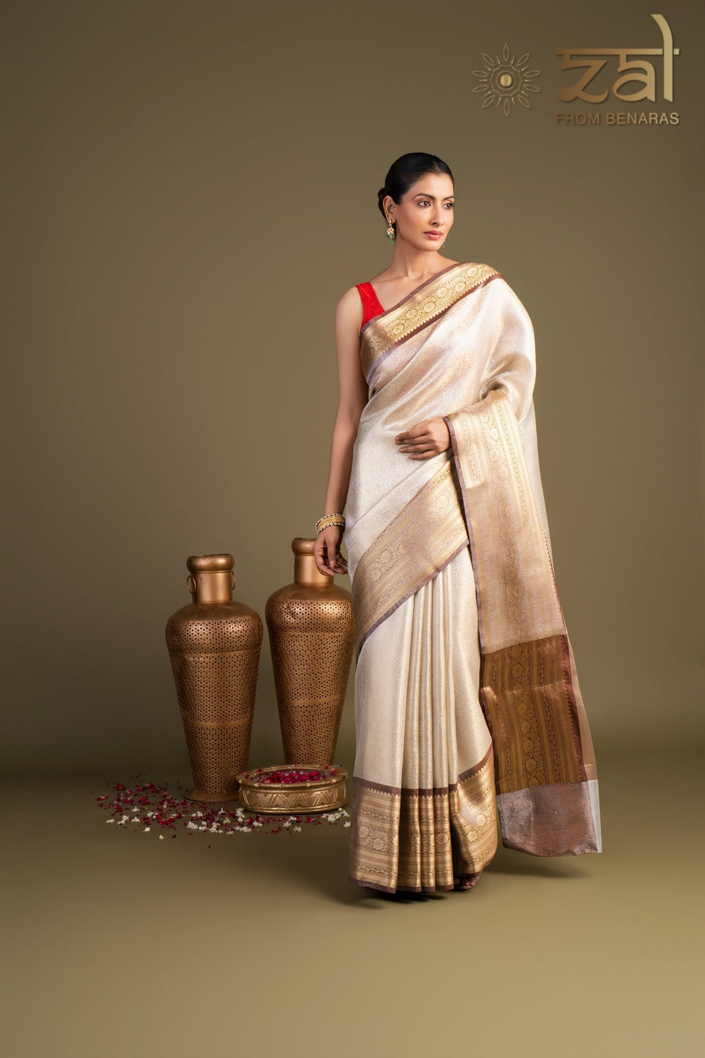 Brown Cream Pure Katan Zari Brocade Banarasi Handloom Saree