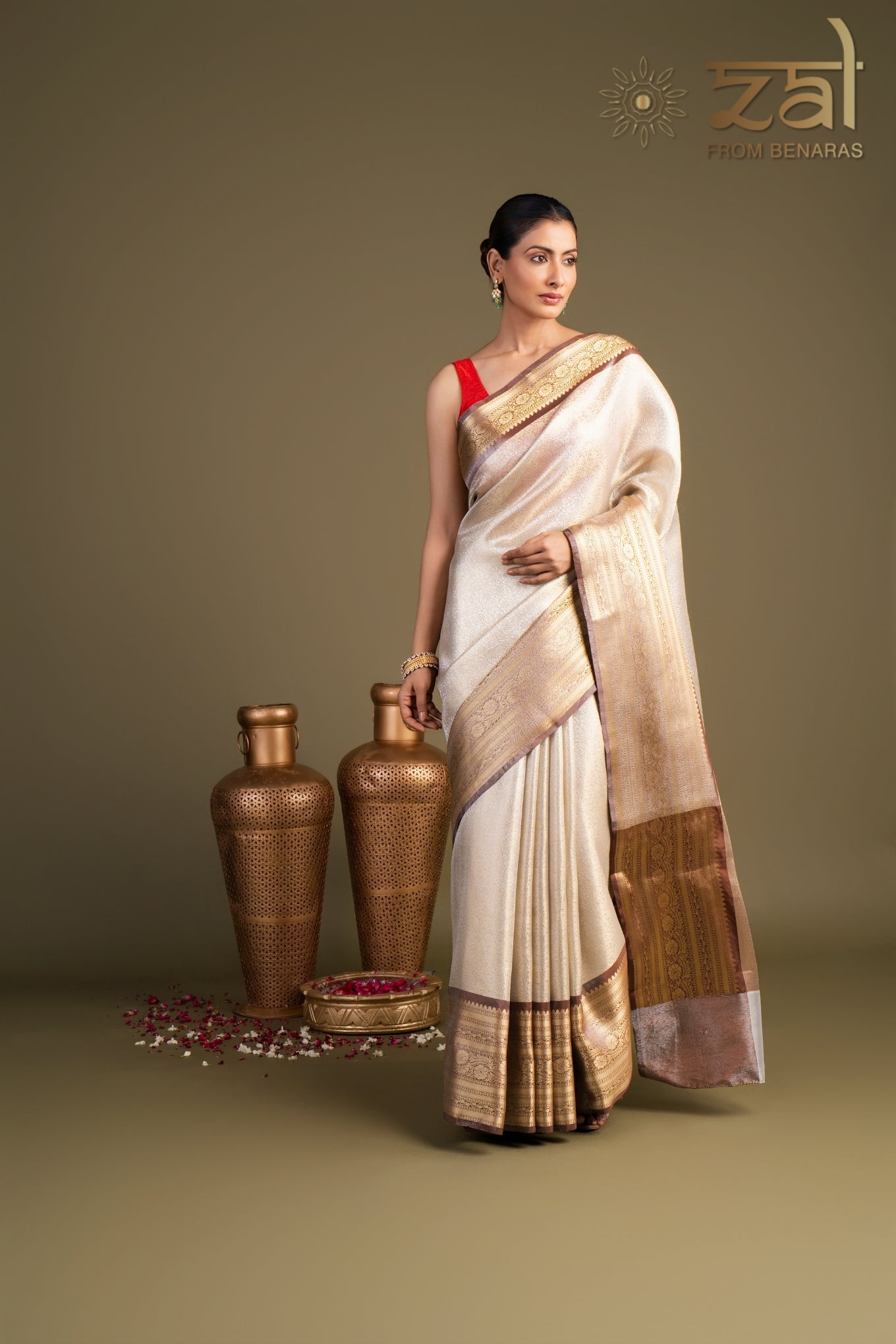 Brown Cream Pure Katan Zari Brocade Banarasi Handloom Saree
