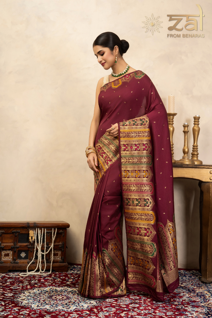 Maroon Pure Katan Silk Banarasi Handloom Saree