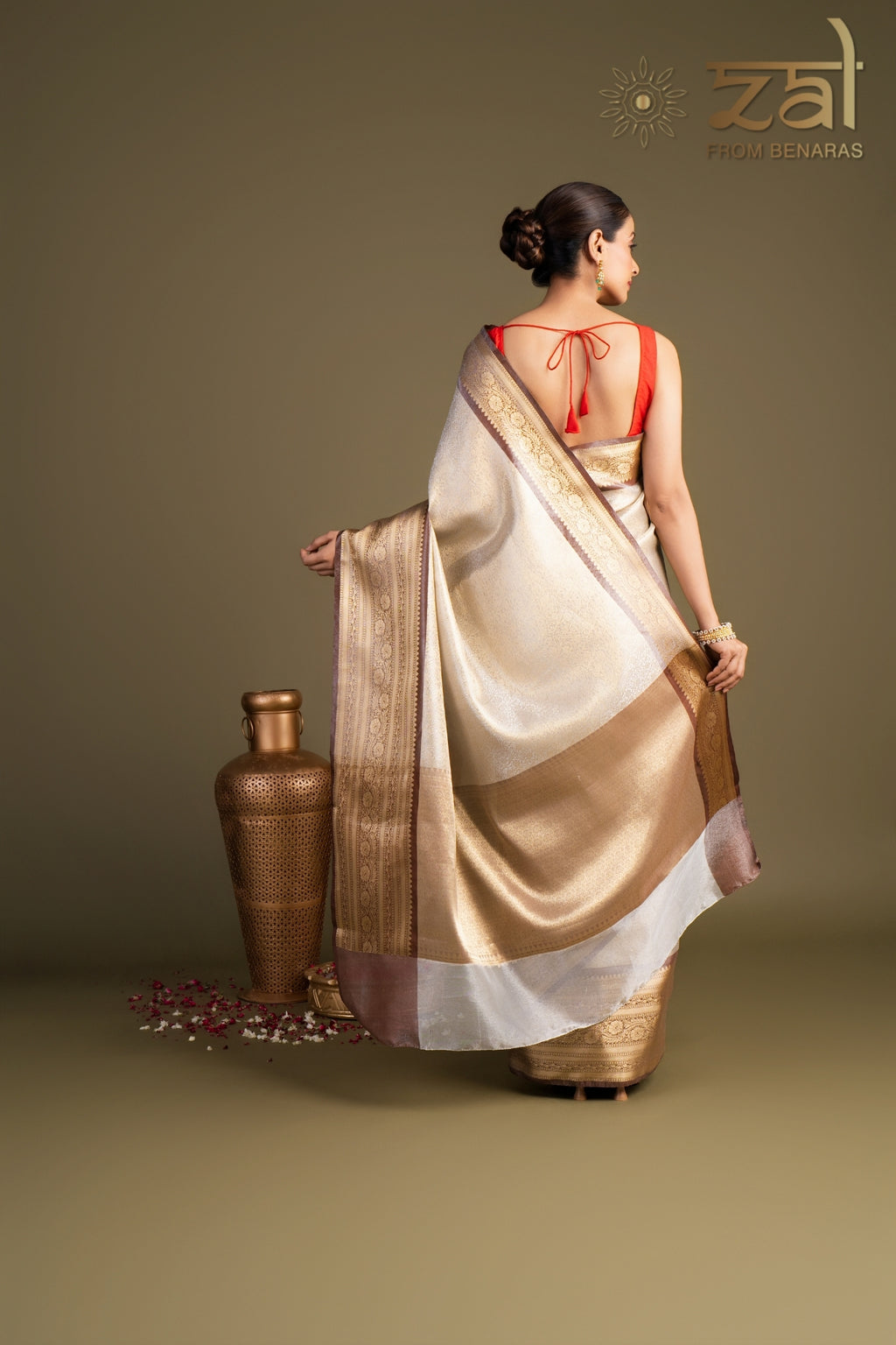 Brown Cream Pure Katan Zari Brocade Banarasi Handloom Saree