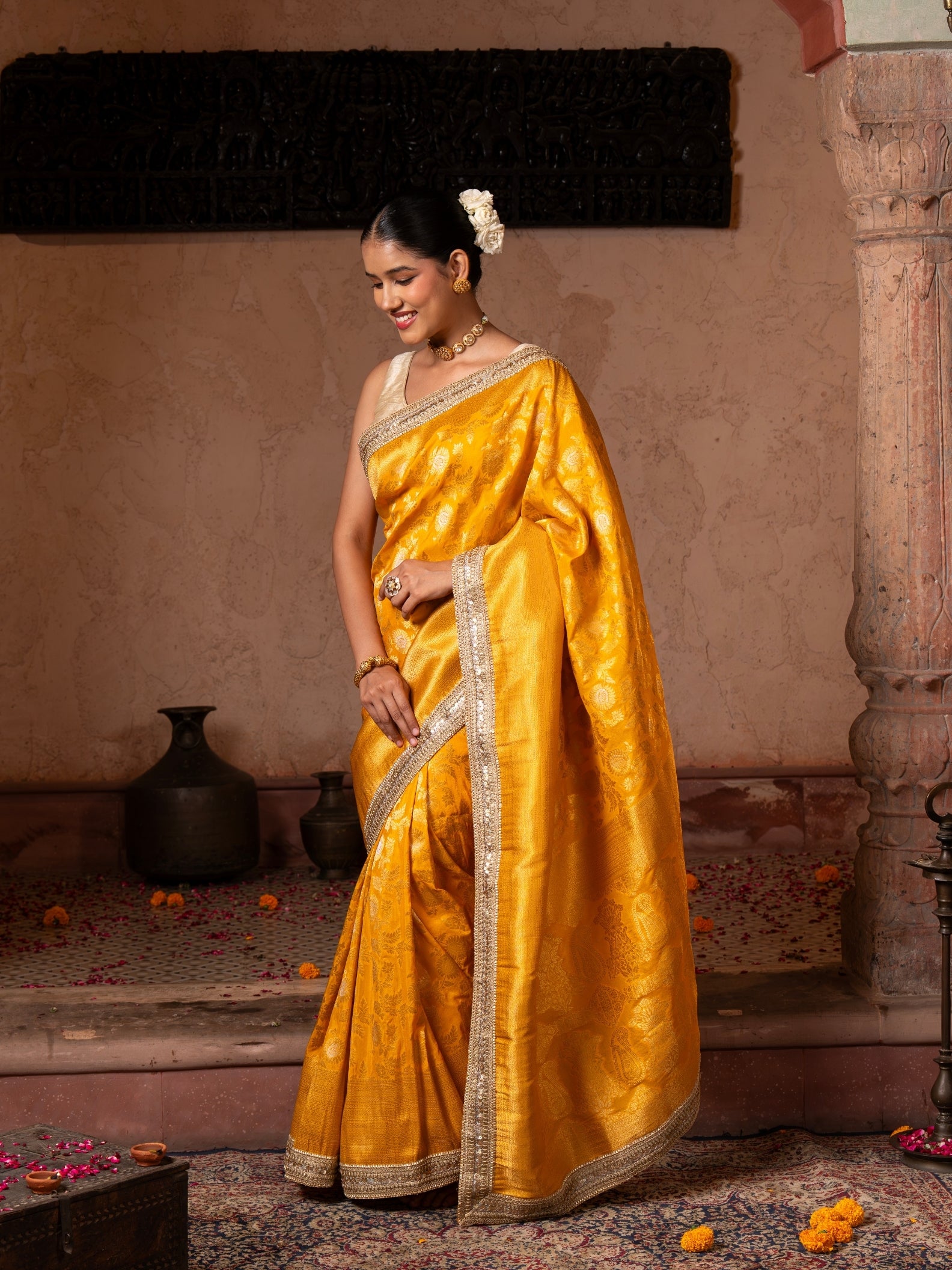 Yellow Pure Katan Banarasi Handloom Saree