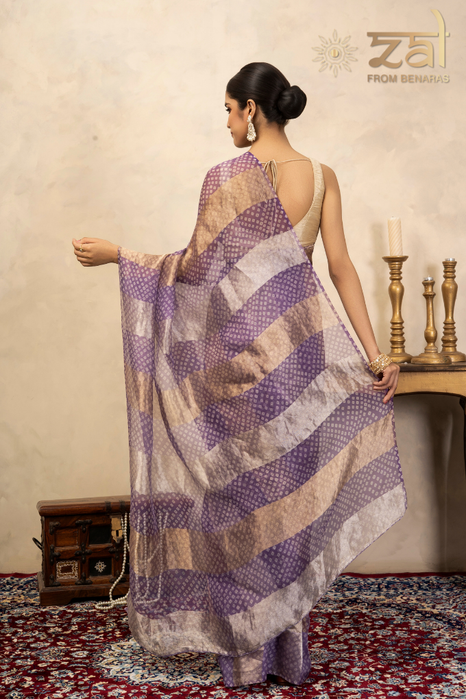 Lavender Pure Organza Silk Bandhani Digital Print Handloom Saree