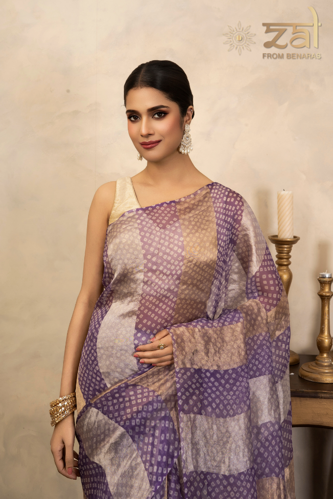 Lavender Pure Organza Silk Bandhani Digital Print Handloom Saree
