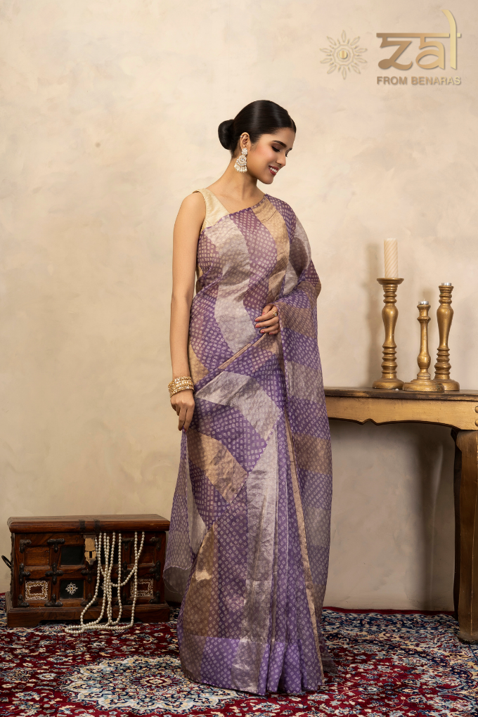 Lavender Pure Organza Silk Bandhani Digital Print Handloom Saree