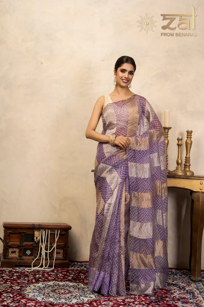 Lavender Pure Organza Silk Bandhani Digital Print Handloom Saree
