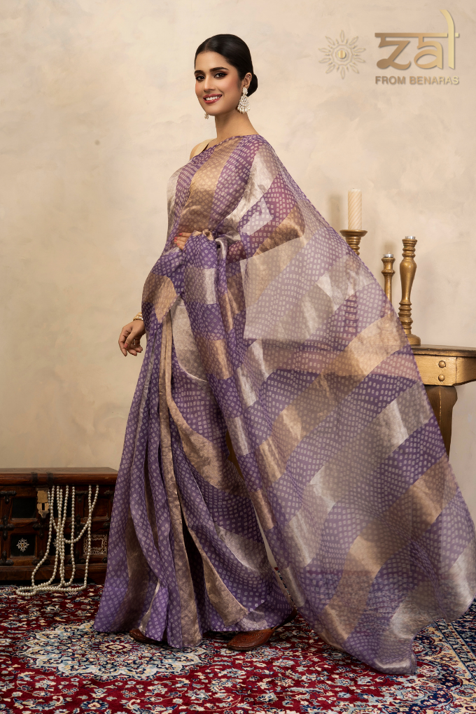 Lavender Pure Organza Silk Bandhani Digital Print Handloom Saree