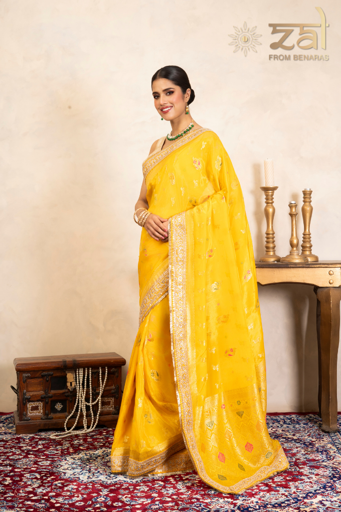 Yellow Pure Katan Silk Banarasi Handloom Saree
