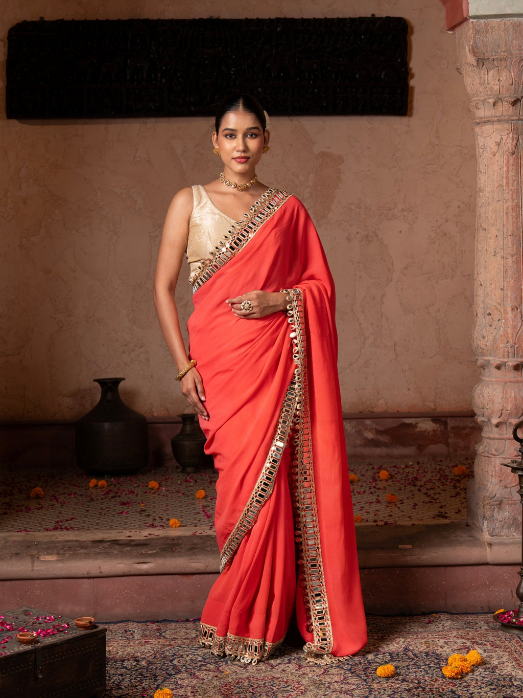 Coral Orange Pure Georgette Handloom Mirror Work Saree