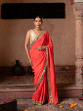 Coral Orange Pure Georgette Handloom Mirror Work Saree
