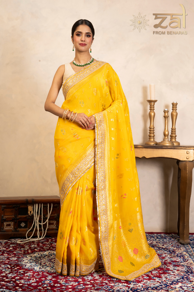 Yellow Pure Katan Silk Banarasi Handloom Saree