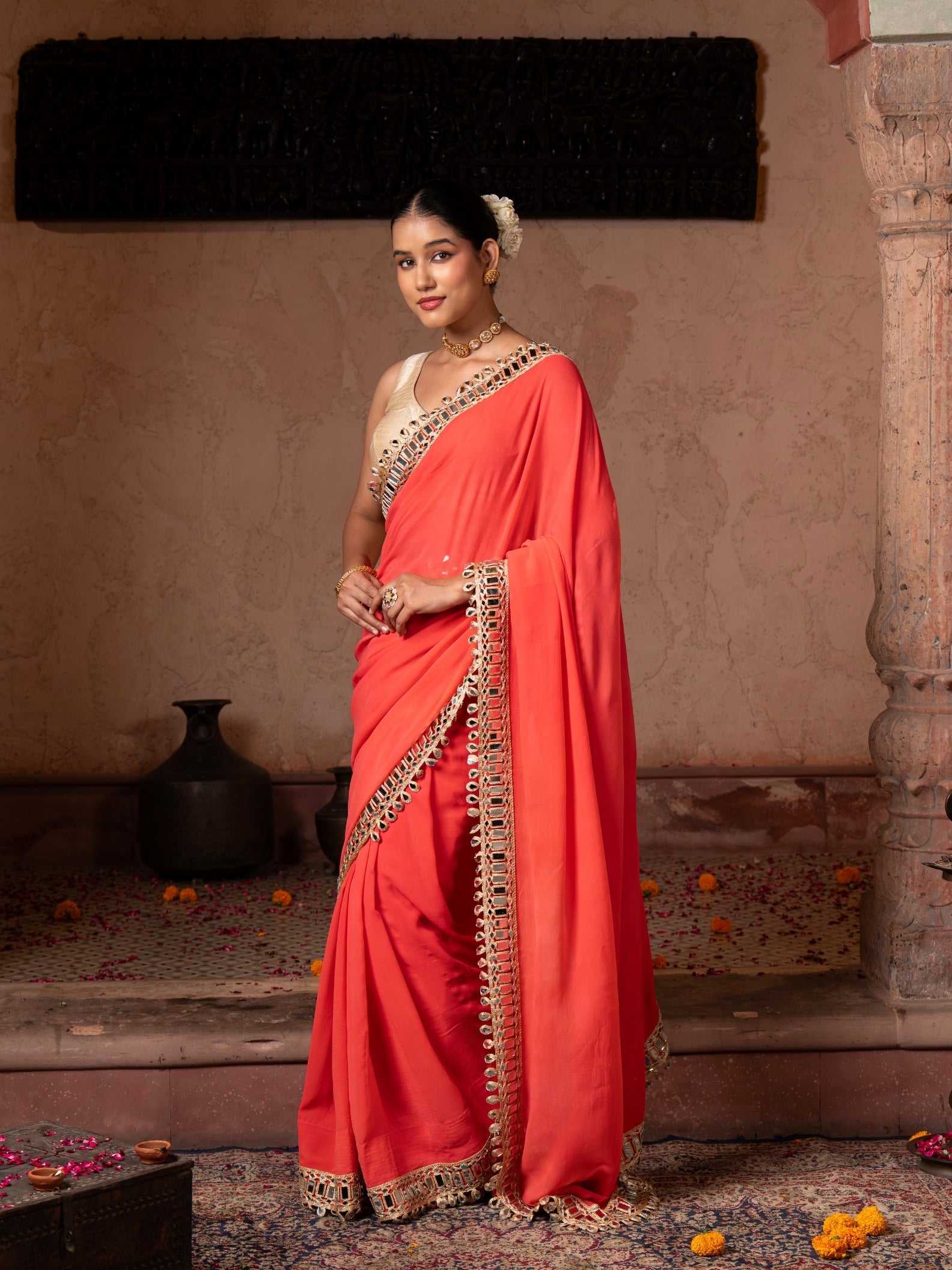 Coral Orange Pure Georgette Handloom Mirror Work Saree