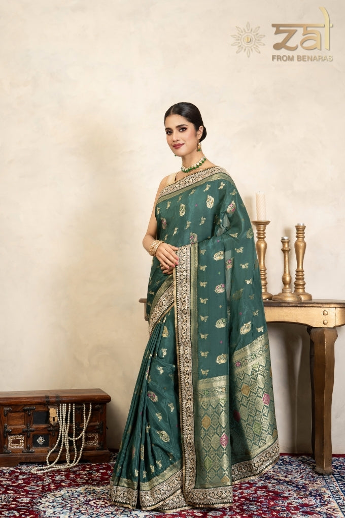 Teal Green Pure Katan Silk Banarasi Handloom Saree