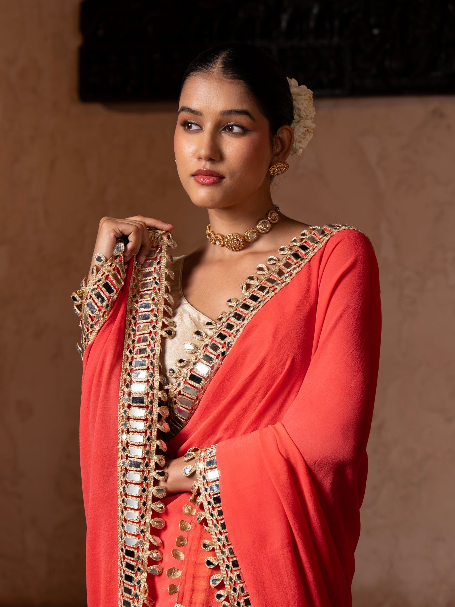Coral Orange Pure Georgette Handloom Mirror Work Saree