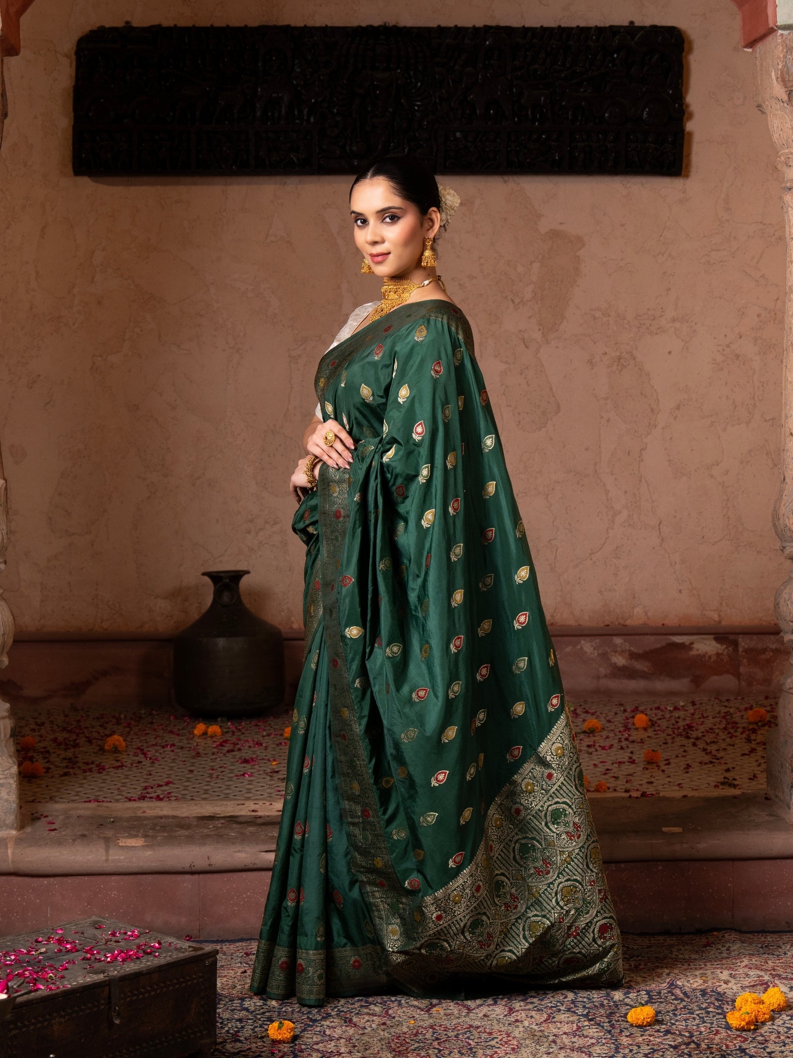 Bottle Green Pure Katan silk Banarasi Handloom Saree