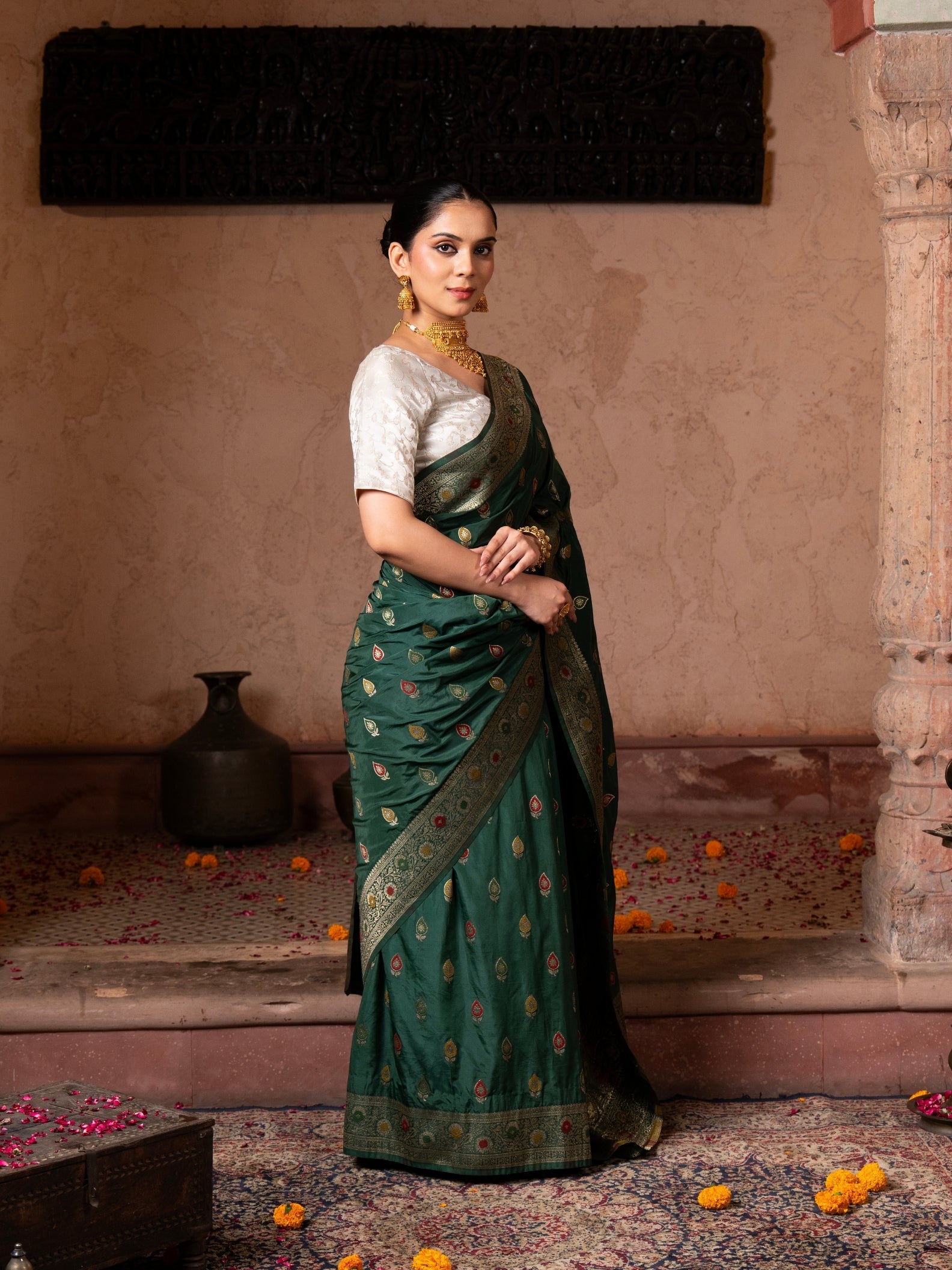 Bottle Green Pure Katan silk Banarasi Handloom Saree