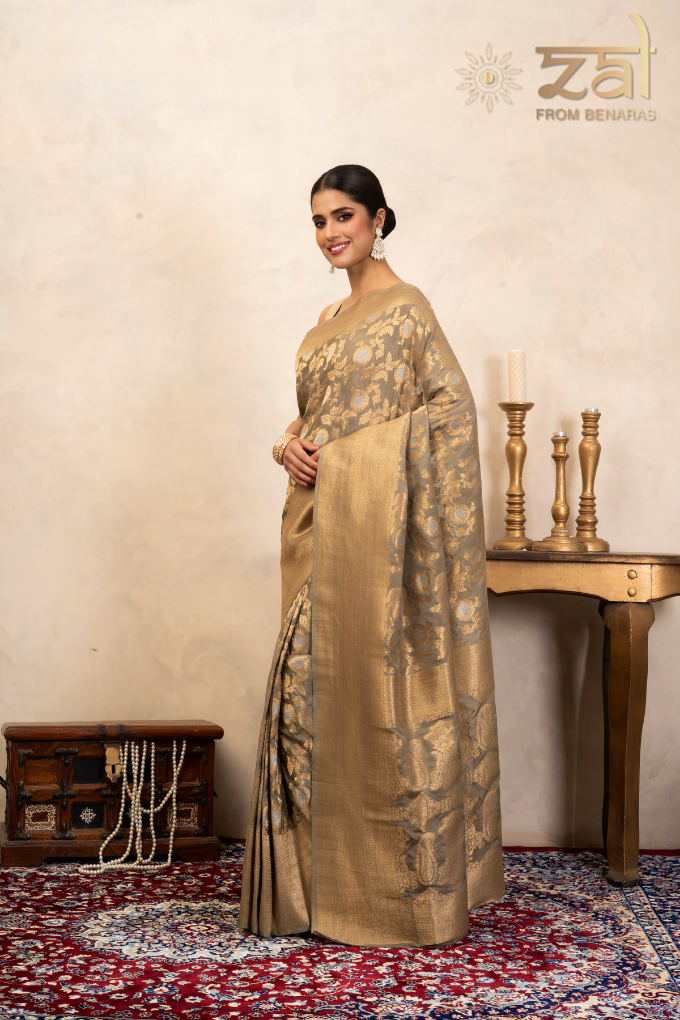 Grey Pure Katan Silk Banarasi Handloom Saree