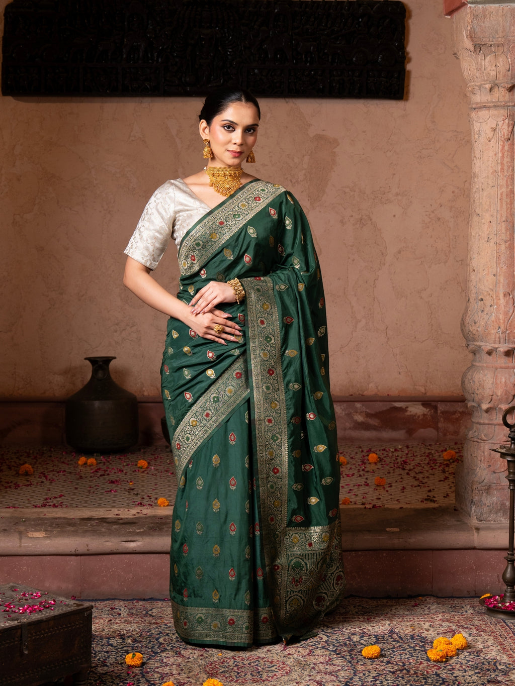Bottle Green Pure Katan silk Banarasi Handloom Saree