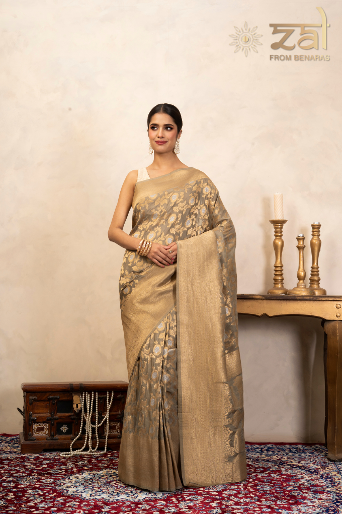 Grey Pure Katan Silk Banarasi Handloom Saree