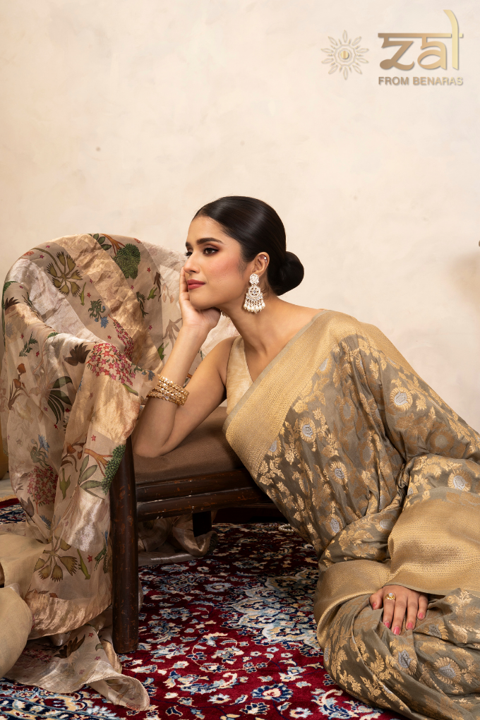 Grey Pure Katan Silk Banarasi Handloom Saree