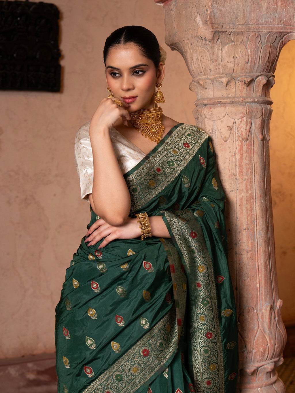 Bottle Green Pure Katan silk Banarasi Handloom Saree
