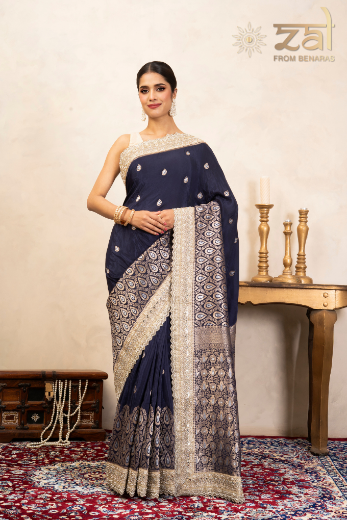 Navy Blue Pure Katan Silk Banarasi Handloom Saree